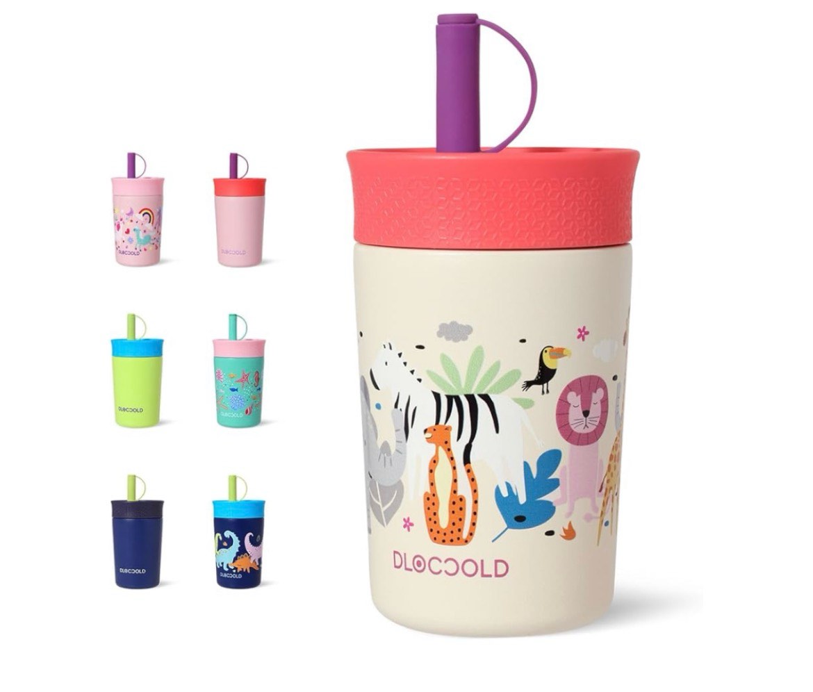 dloccold 12 oz insulated stainless steel straw tumbler, reusable sippy cup with leak-proof spill res
