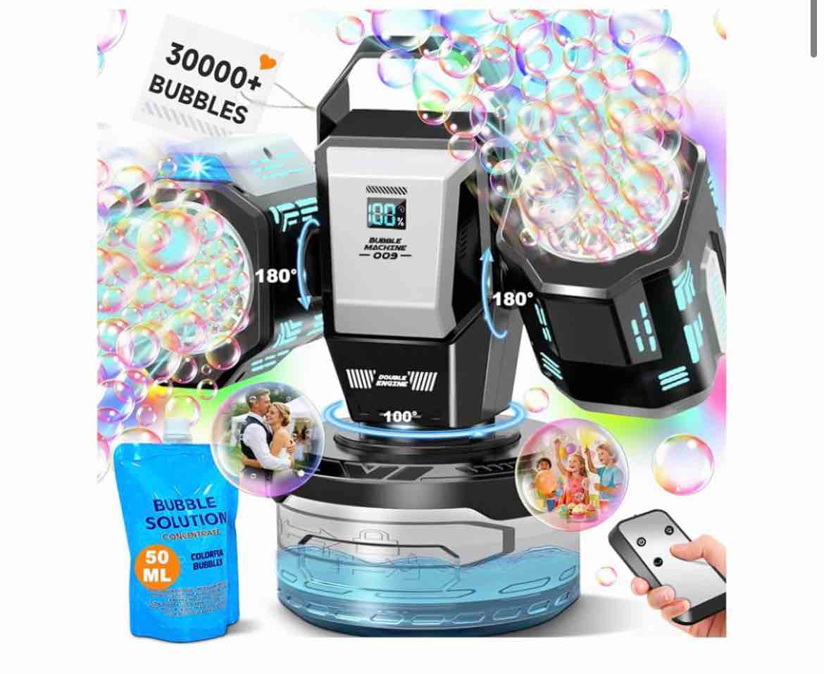 rechargeable bubble machine with rgb lights: 30,000 bubbles storm, auto 360° rotation & remote contr