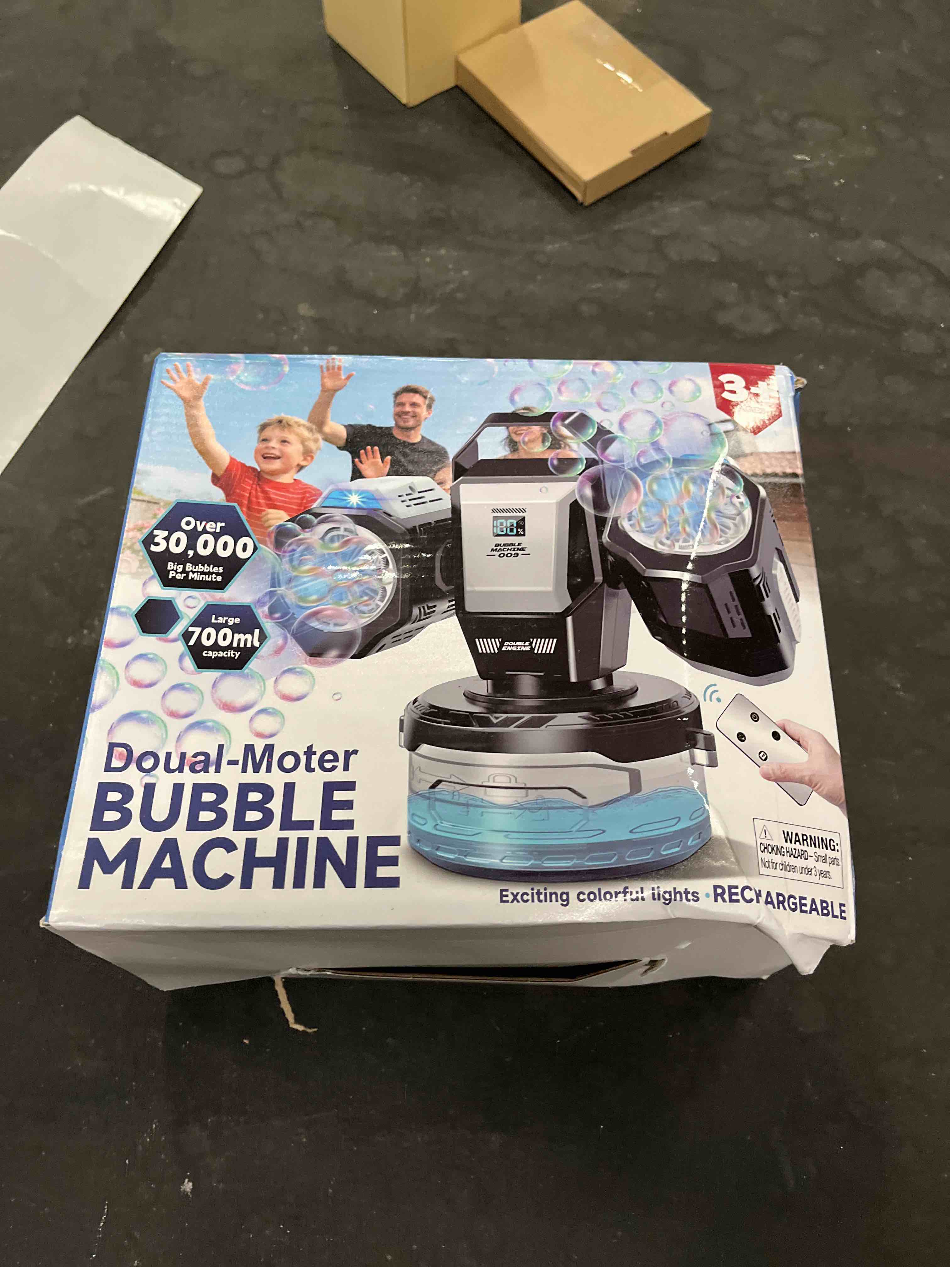 Condition photo showing Good Condition for rechargeable bubble machine with rgb lights: 30,000 bubbles storm, auto 360° rotation & remote contr