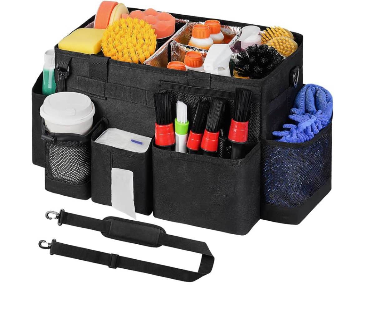 jaffzora large car detailing bag, cleaning caddy with lid and handle for auto detailing supplies, ca