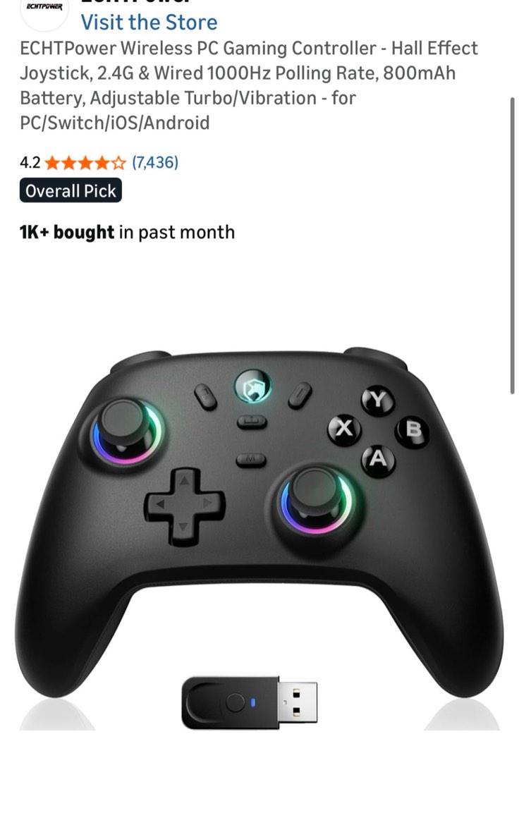 ECHTPower Wireless PC Gaming Controller - Hall Effect Joystick, 2.4G & Wired 1000Hz Polling Rate, 80