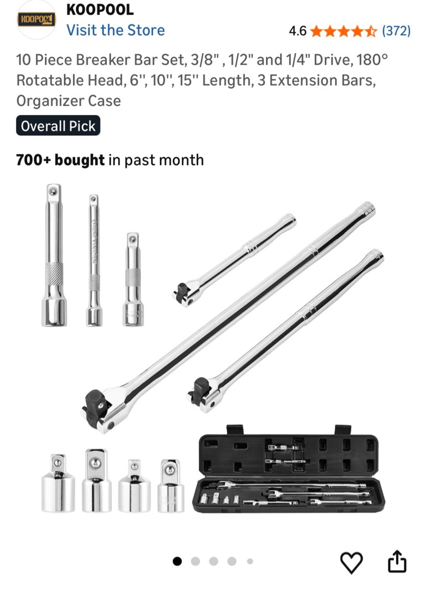 10 piece breaker bar set, 3/8" , 1/2" and 1/4" drive, 180° rotatable head, 6'', 10'', 15'' length, 3