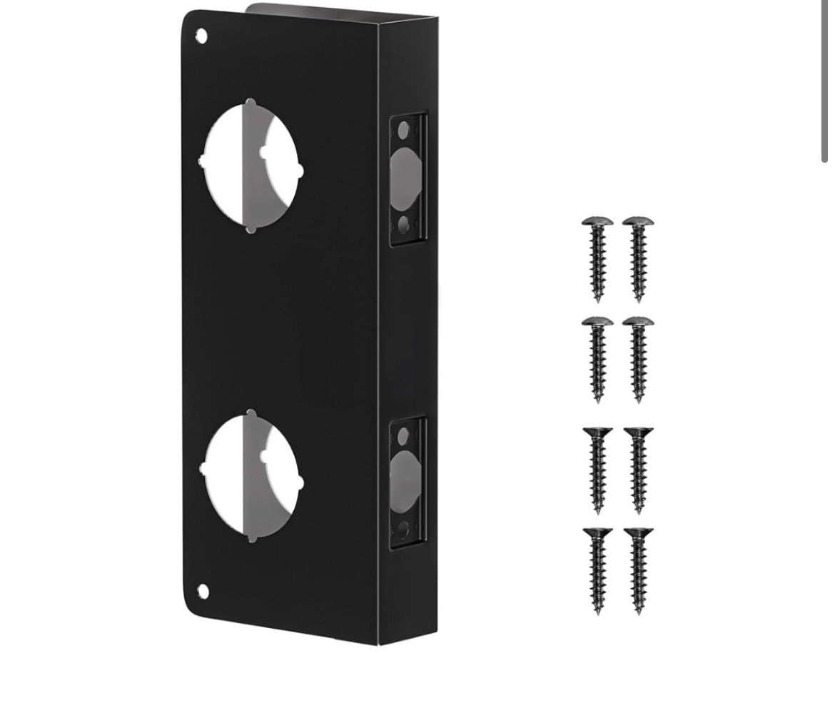 double hole door knob reinforcement plate, matte black, fits 1-3/4" doors, 2-3/4" backset, door lock