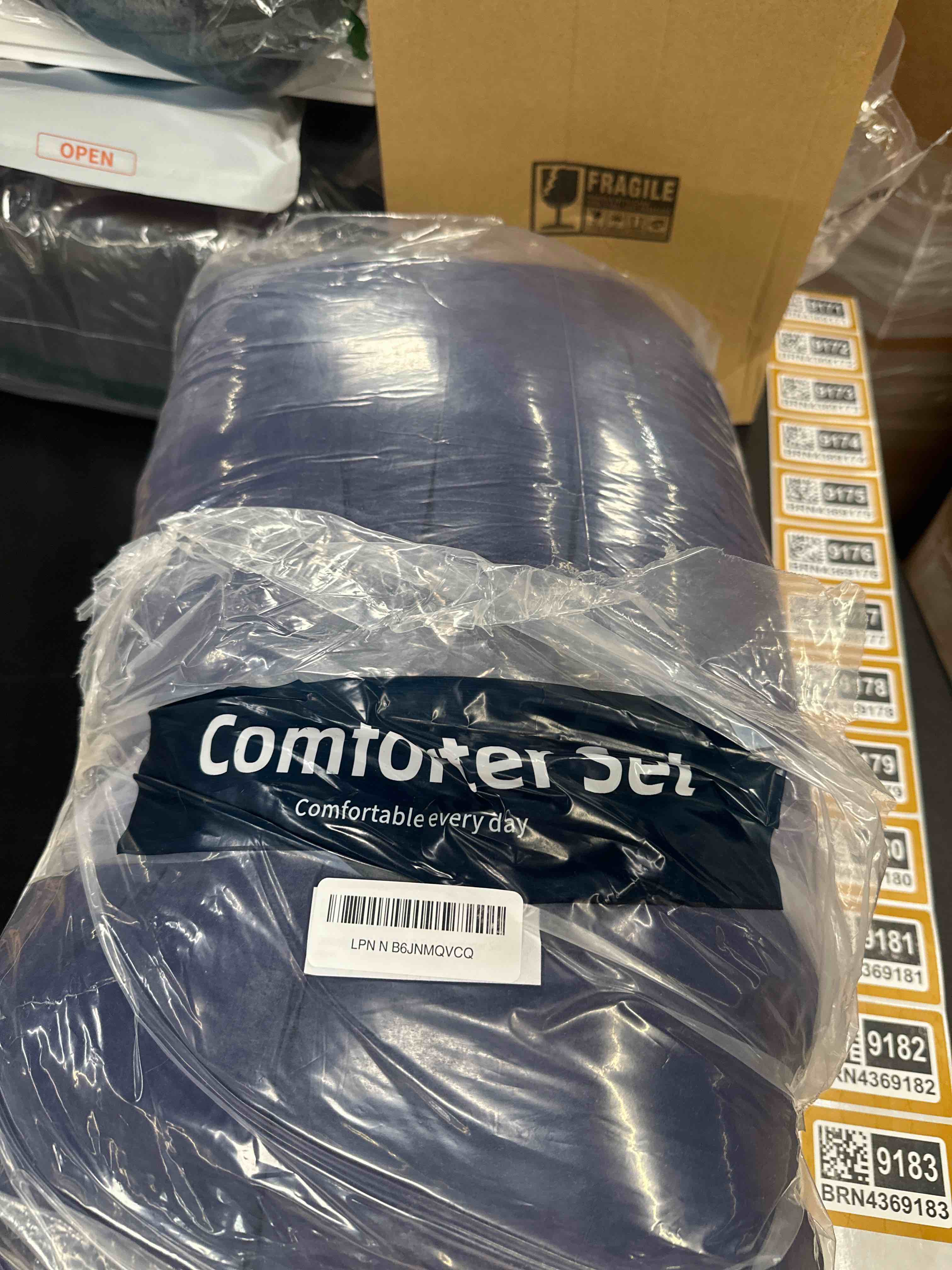 Condition photo showing Good Condition for dobuyly navy blue king size comforter set 7 piece bed in a bag, floral comforter set with sheets, soft microfiber botanical flowers complete bedding set for all season king navy blue