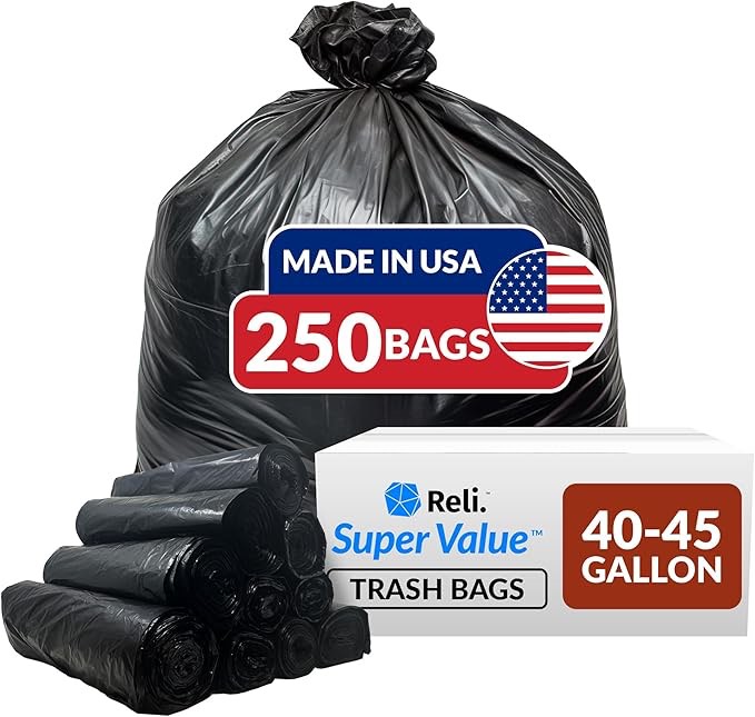 Condition photo showing Good Condition for reli. 40-45 gallon trash bags heavy duty | 250 bags | large black garbage bags | 39, 40, 42, 45 gallon | made in usa