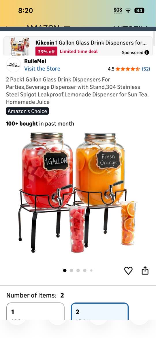 Condition photo showing Good Condition for waymind 1 gallon glass drink dispensers, 2 pack clear beverage dispenser with stand and spigot for p