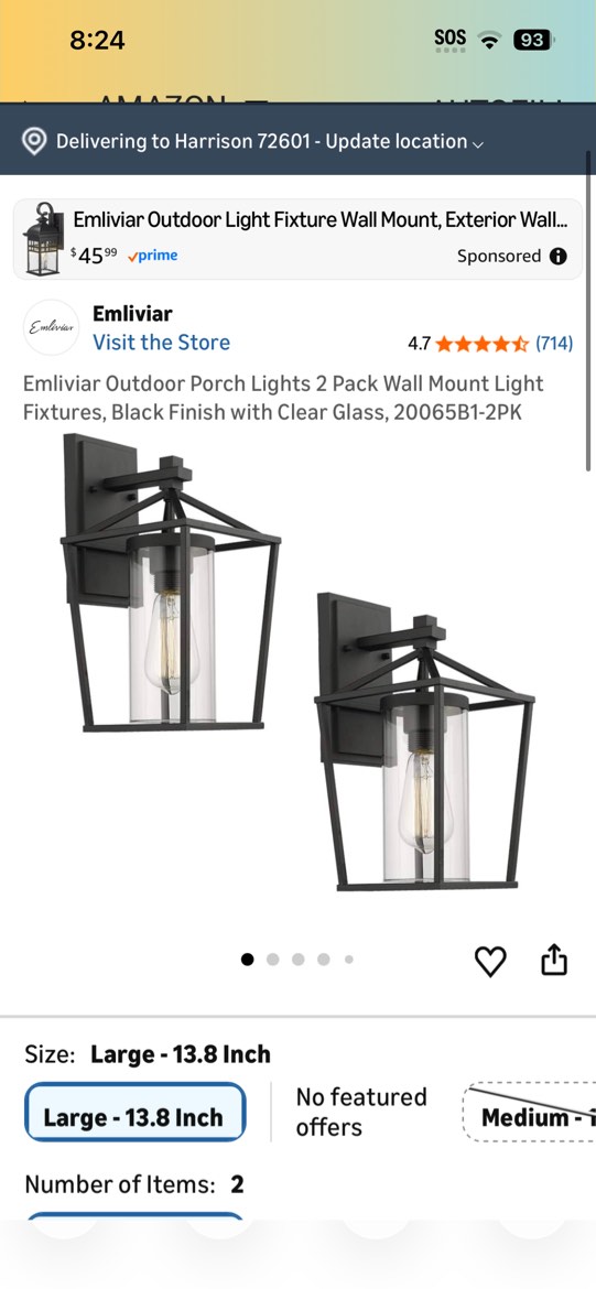 Condition photo showing Good Condition for emliviar 1-light outdoor wall lantern 2 pack, exterior wall lamp light in black finish with clear se