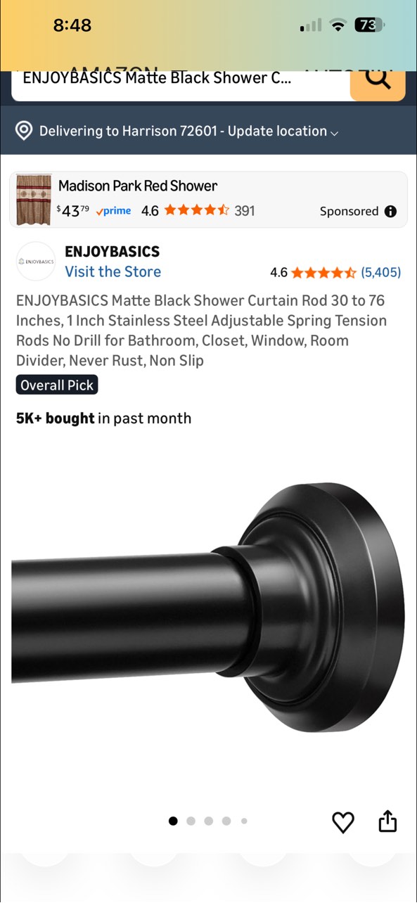 Condition photo showing Good Condition for enjoybasics matte black shower curtain rod 30 to 76 inches, 1 inch stainless steel adjustable spring