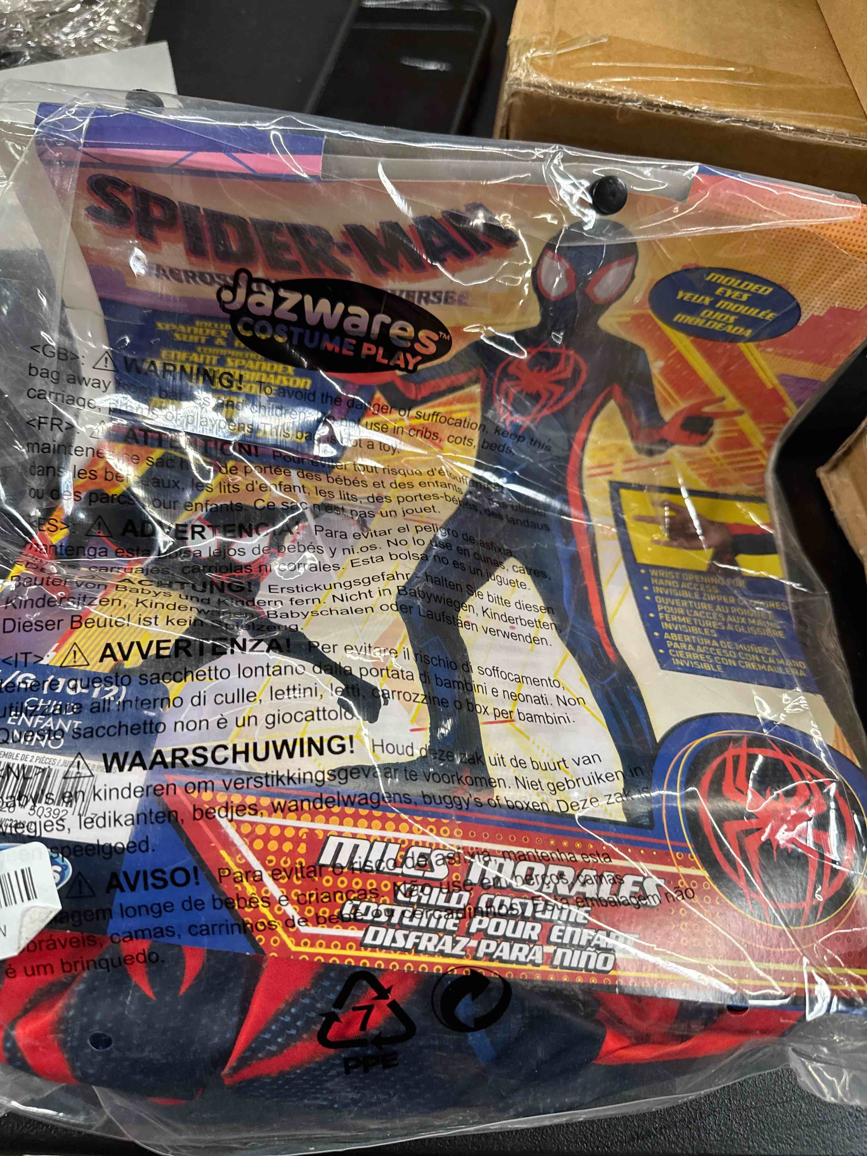 Condition photo showing Good Condition for marvel miles morales: spider-man official youth deluxe zentai costume - stretch spandex with hidden zippers and wrist slits l (12-14)