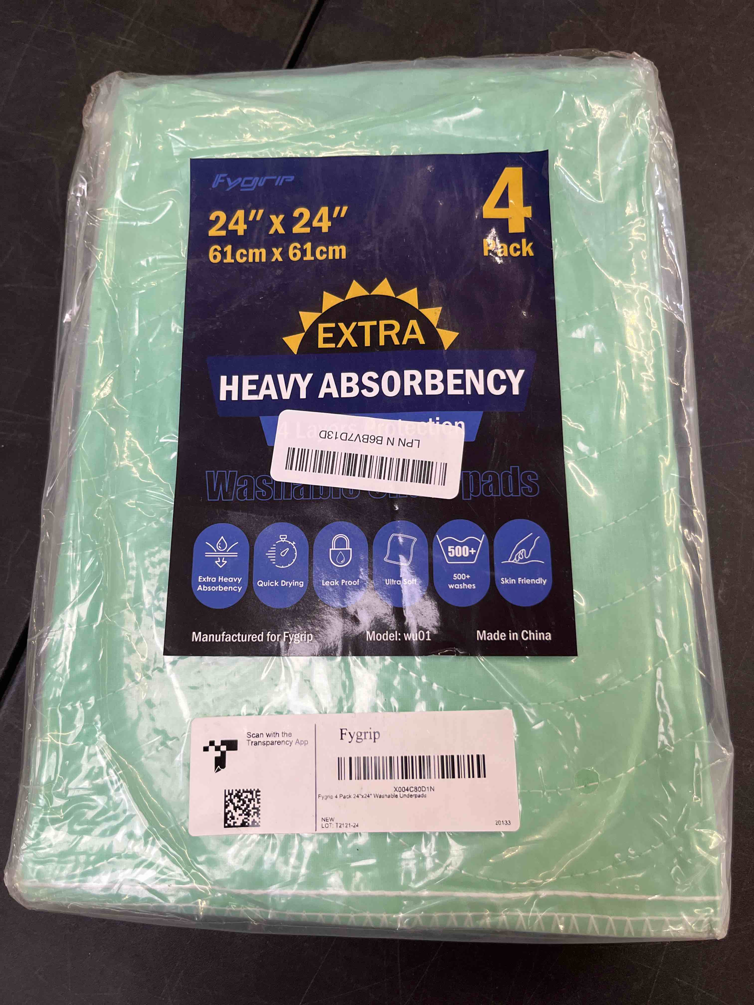 Condition photo showing Good Condition for 4 pack 24” x 24” extra heavy absorbency washable underpads, waterproof nursing pads incontinence bed pads, reusable washable pee pads for dogs, diaper changing & adults, washable puppy pads 4 pack - 24" x 24"