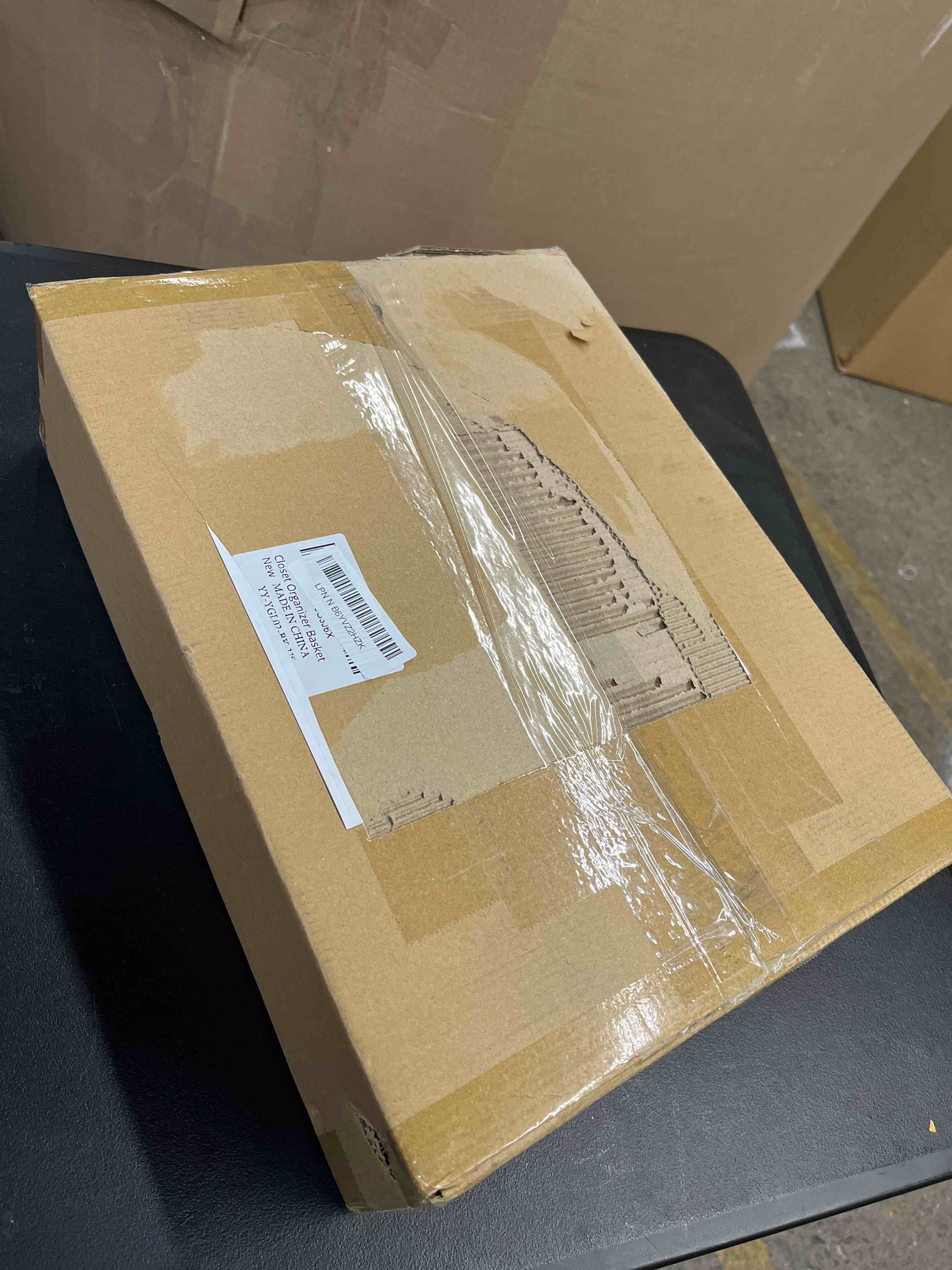 Condition photo showing Good Condition for 4-tier stackable closet organizers and storage shelves, clothes shelf organizer basket bins, foldable sweater storage for closet organizer system, black (patent pending) black 15.7"w x 11.8"d x 34.6"h