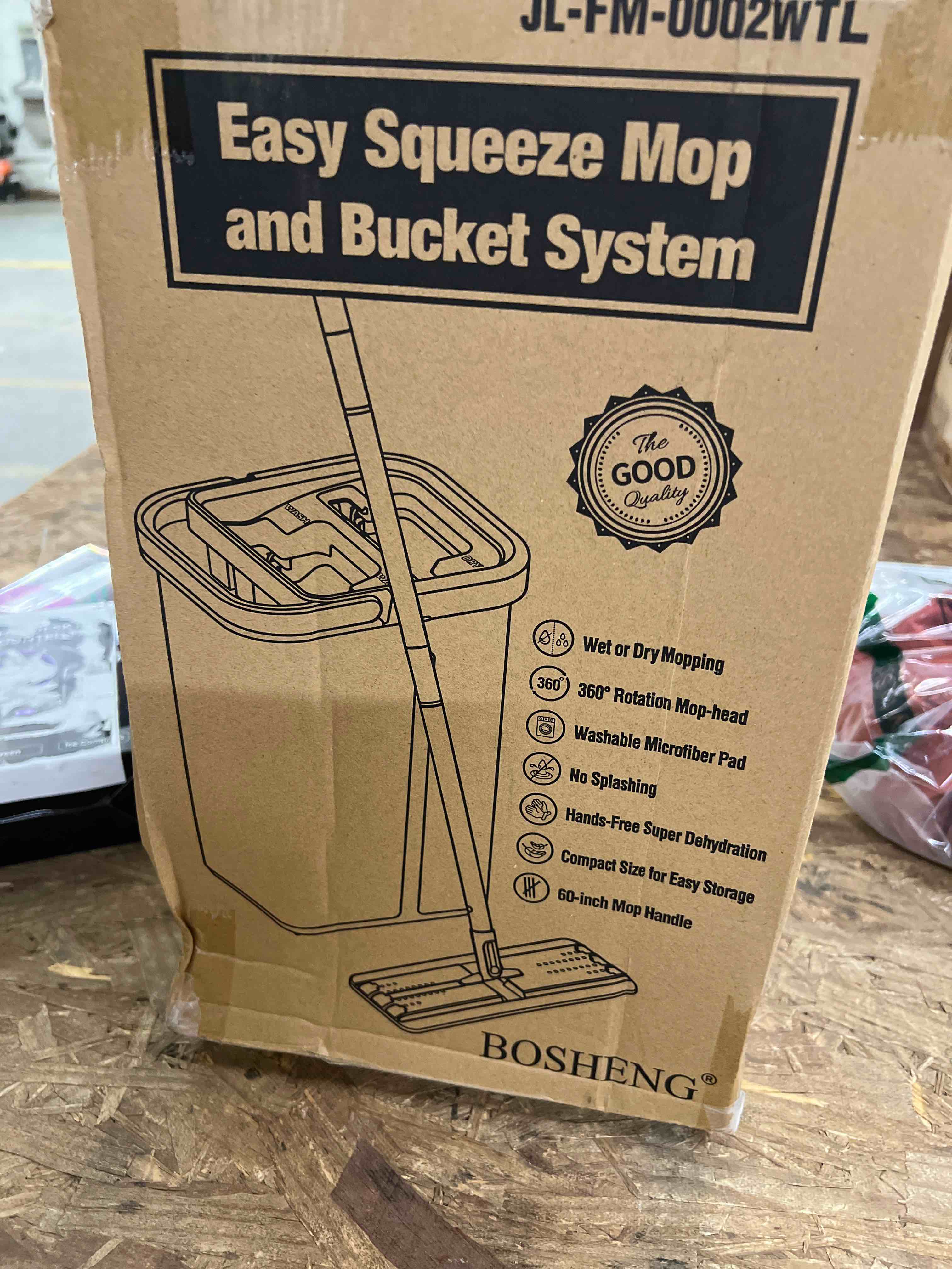Condition photo showing Good Condition for mop and bucket with wringer set, hands free flat floor mop and bucket, 3 washable microfiber pads included, wet and dry use, home floor cleaning system for all floor types and windows white mop and bucket set with 3 pads