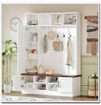 versatile 3-in-1 hall tree with 6 hooks, farmhouse walnut storage bench, adjustable shelves, entryway organizer for mudroom and hallway