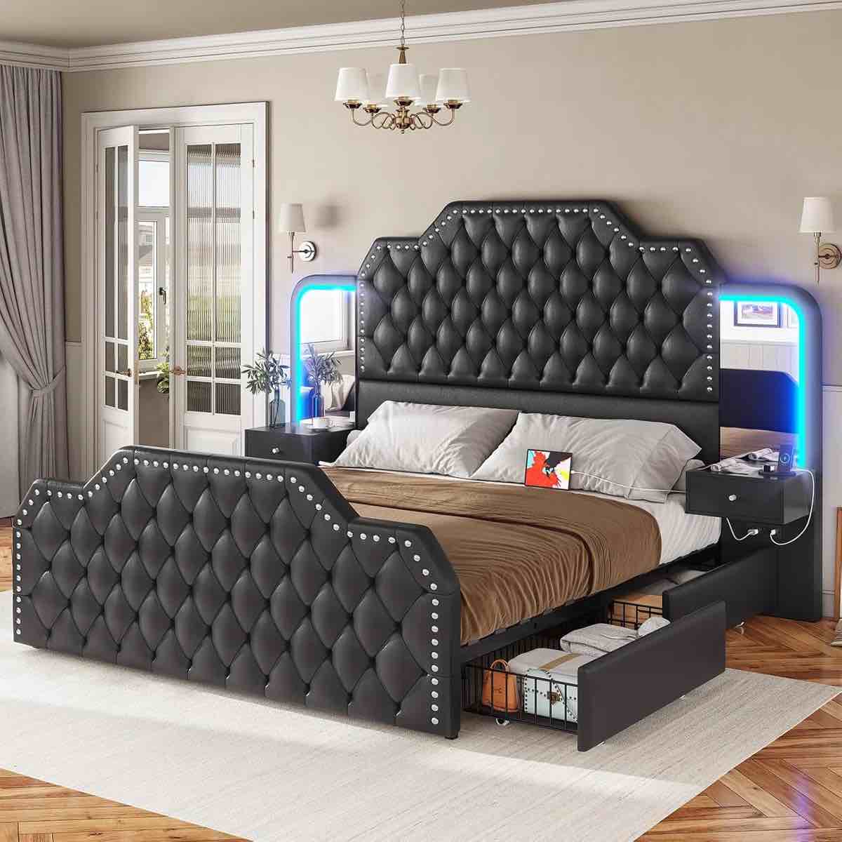 Condition photo showing Good Condition for  incomplete.    Karlton Bed with 4 Storage Drawersï¼ŒLED Tall Platform Bed Frame