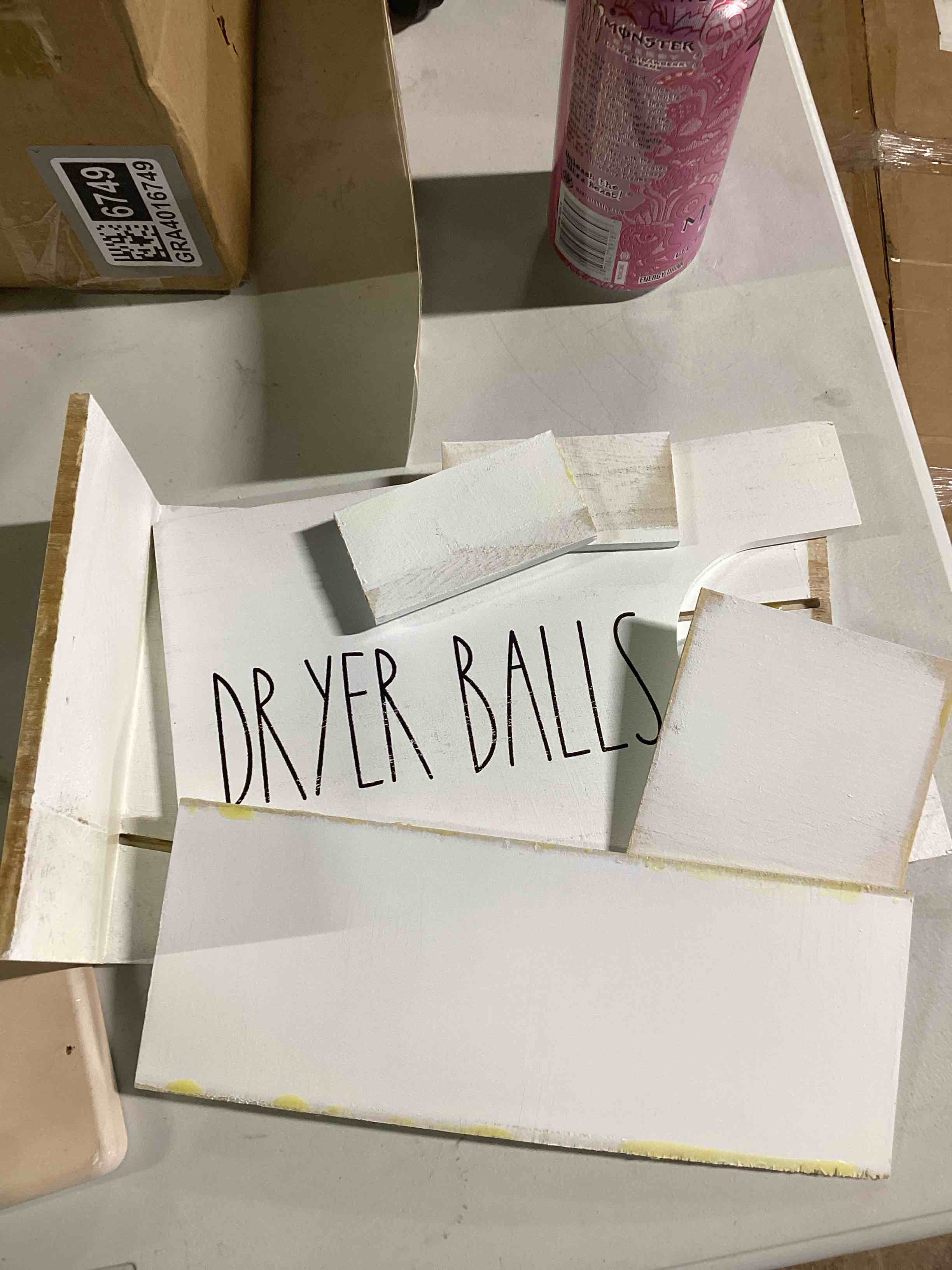 Condition photo showing As Is for (needs to be put together)Dryer Ball Holder for Laundry Room, Dryer Balls Container Wall Mount, Wood Dryer Balls Storage Organizer, Wool Dryer Ball Dispenser Basket (White)