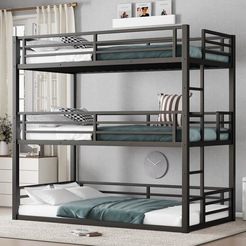 (incomplete )metal triple bunk bed with safety guardrails, heavy-duty frame, noise-reducing design