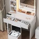 makeup vanity desk with led mirror, power outlet, drawers cabinet and chair