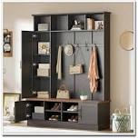 Condition photo showing Good Condition for versatile 3-in-1 hall tree with 6 hooks, farmhouse walnut storage bench, adjustable shelves, entryway organizer for mudroom and hallway