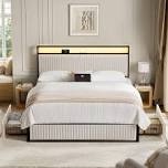Condition photo showing Good Condition for antioch upholstered bed frame with 2 storage drawers, modern platform bed with charging station & led light, no spring box needed