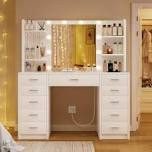 Camyla Makeup Vanity Table with LED Lighted Mirror, Power Outlet, Drawers,Shelves,5 Jewelry Hooks