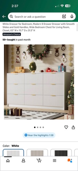 White Dresser for Bedroom, Modern 9 Drawer Dresser with Smooth Slides and Gold Handles