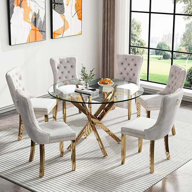 incomplete 47.2" Round Glass Dining Table Set, Metal Pedestal Table with 6 Velvet Chairs