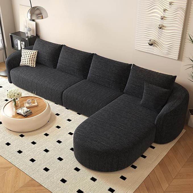 incomplete 138.6" modular sectional couches luxury modern curved back sofa,minimalist comfy l-shape boneless cloud couch for living room apartment,(right facing chaise,black)