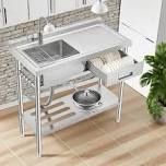 stainless steel utility sink, freestanding single bowl sink with right drawer and workbench, commercial laundry sink with retractable cold&hot water faucet and hooks, for kitchen garage indoor&outdoor