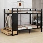 incomplete 1 of 2 double full size bunk bed with 4 storage drawers and 3 open shelves, metal bunk bed with led lights, charging station and storage pegboard, bunk bed with safety rails and ladder, black