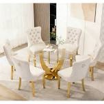 incomplete 47.2" round glass dining table set, metal pedestal table with 6 velvet chairs