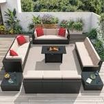 12 - person rattan outdoor patio set with cushions and fire pit table