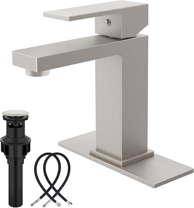 modern bathroom sink faucet, single handle, with overflow pop-up drain, stainless steel faucet for sink 1 hole deck mounted