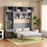 queen size murphy bed with storage cabinets and a built-in desk