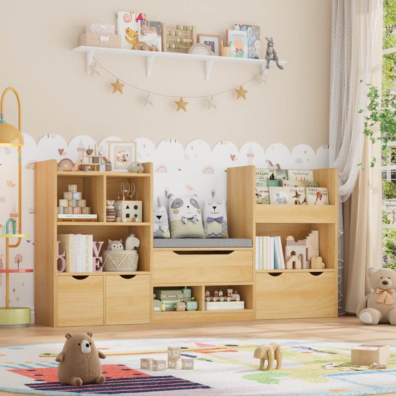 72" w x 37"h 4-in-one kids bookcase with 3 drawers, soft cushion, 3-layer bookshelf, reading nook