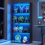 display cabinet with glass doors, 66" lighted display case with 3 color lights, 4-tier bookcase with human body sensor