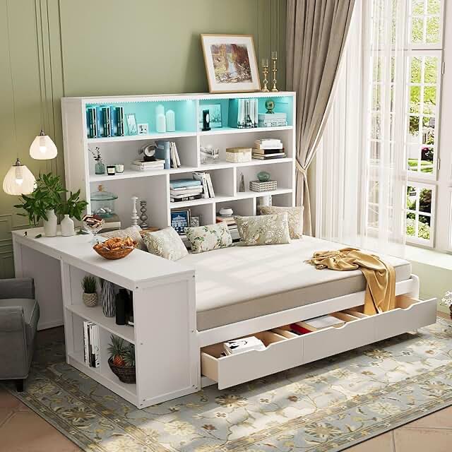 (INCOMPLETE BOX ONE ONLY) Full Size Bed With Bookshelf and Three Drawers White 