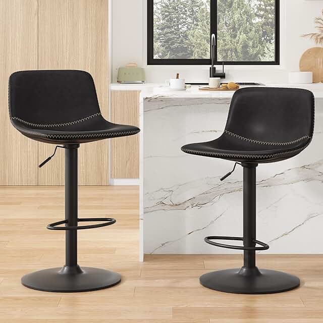 modern adjustable swivel bar stools, pu leather counter barstool with back, kitchen island chairs with large base(set of 2)