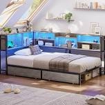 corner bed frame with 2 drawers and storage bookcase, daybed with charging station and led lights