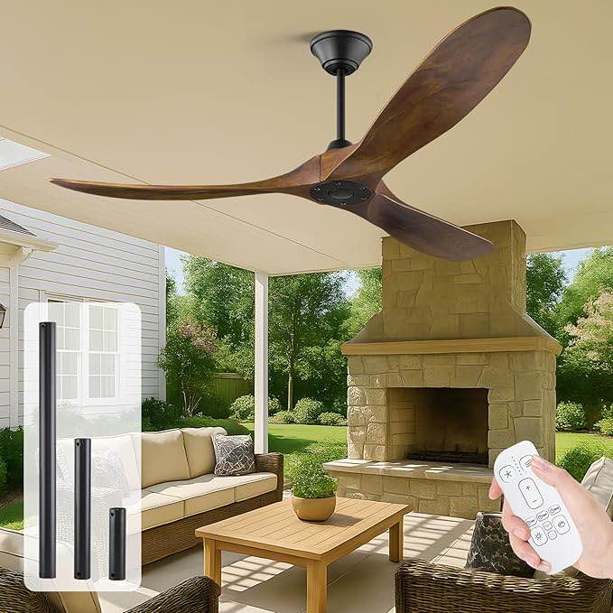 60 inch outdoor ceiling fan without light for patios, 3 blade solid wood propeller ceiling fan for living room
