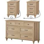Scarlett 3 Piece Bedroom Set - Includes Mid Century 7 Drawer Dresser, Set Of 2 Side Tables With Charging Station & Storage Cabinet, 3 Piece Dresser And Nightstand Sets