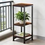 3 tier plant stand for indoor and outdoor use, heavy-duty metal frame with wood pattern trays, multi-level plant shelf for living room, patio, balcony, and garden