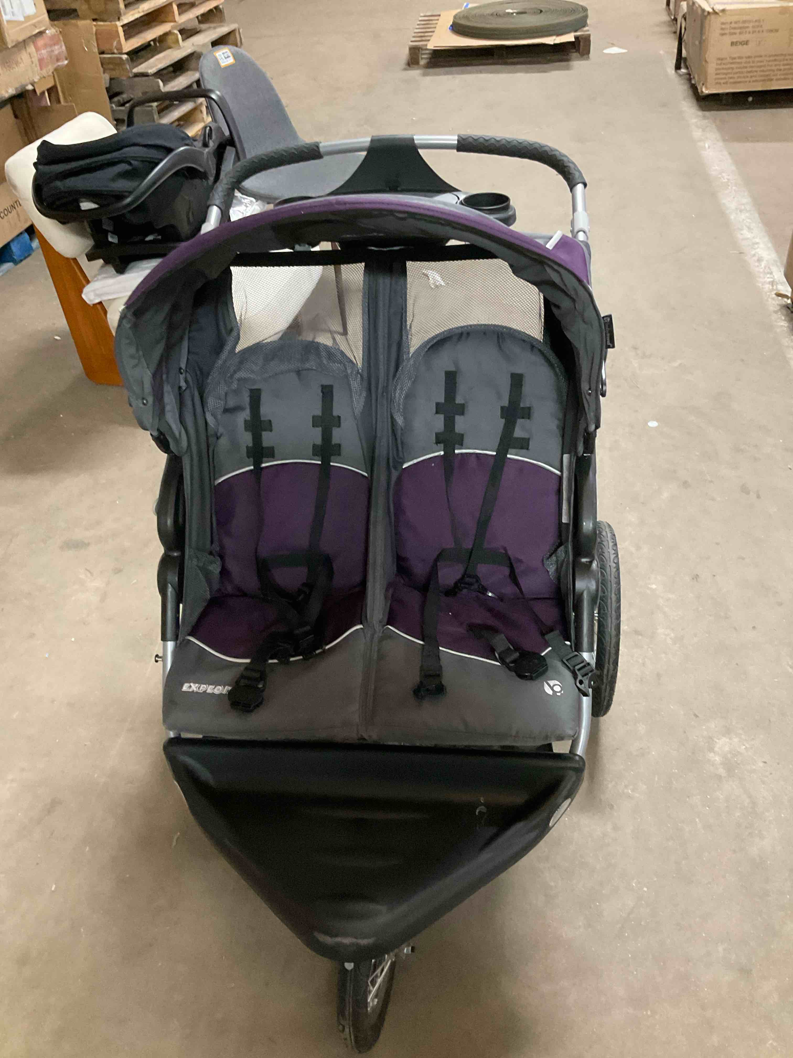 Condition photo showing Good Condition for BABY TREND, THREE WHEELED DUAL SEAT, STROLLER, PURPLE COLOR