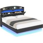 floating bed frame with led lights, charging station, tufted storage headboard, no box spring needed