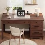executive desk with drawers, farmhouse home office desk with charging station, keyboard tray, file cabinet storage, wood computer desk for work and study