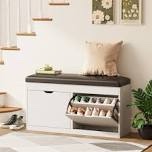 8 Pair Shoe Storage Bench With Lift Top, 2 Flip Drawers & Padded Seat Cushion - Entryway, Hallway, Living Room Shoe Organizer Cabinet Serkis