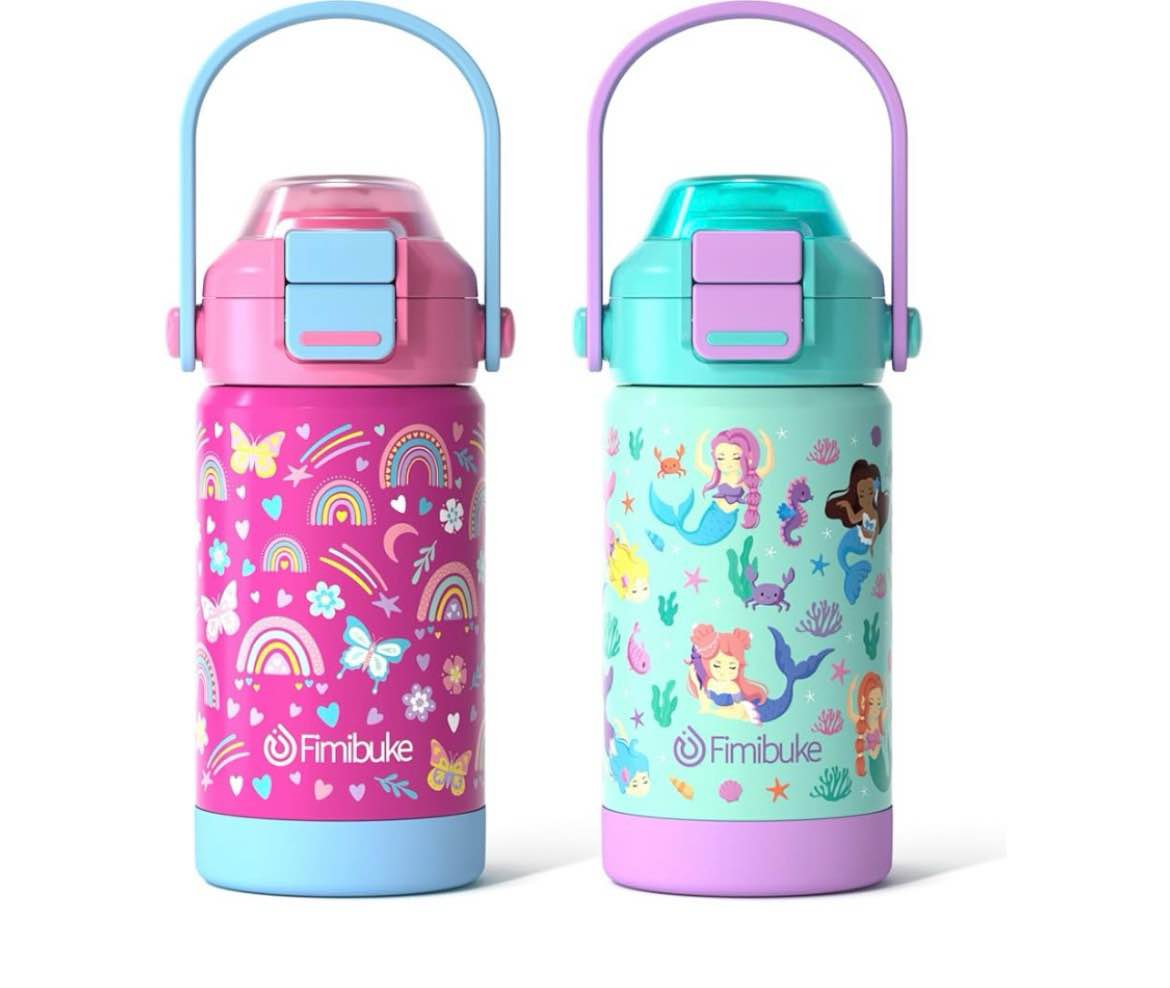 kids insulated water bottle with pop-open straw & spout 2-in-1 lid, 14oz kids insulated 18/8 stainle