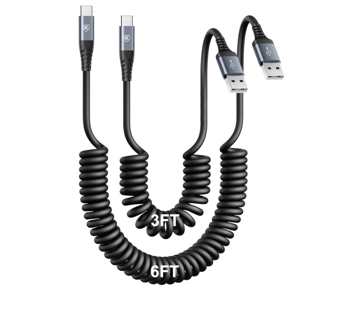 usb type c charger cable fast charging [3ft+6ft], 2pack coiled usb a to usb c charger cable for car 