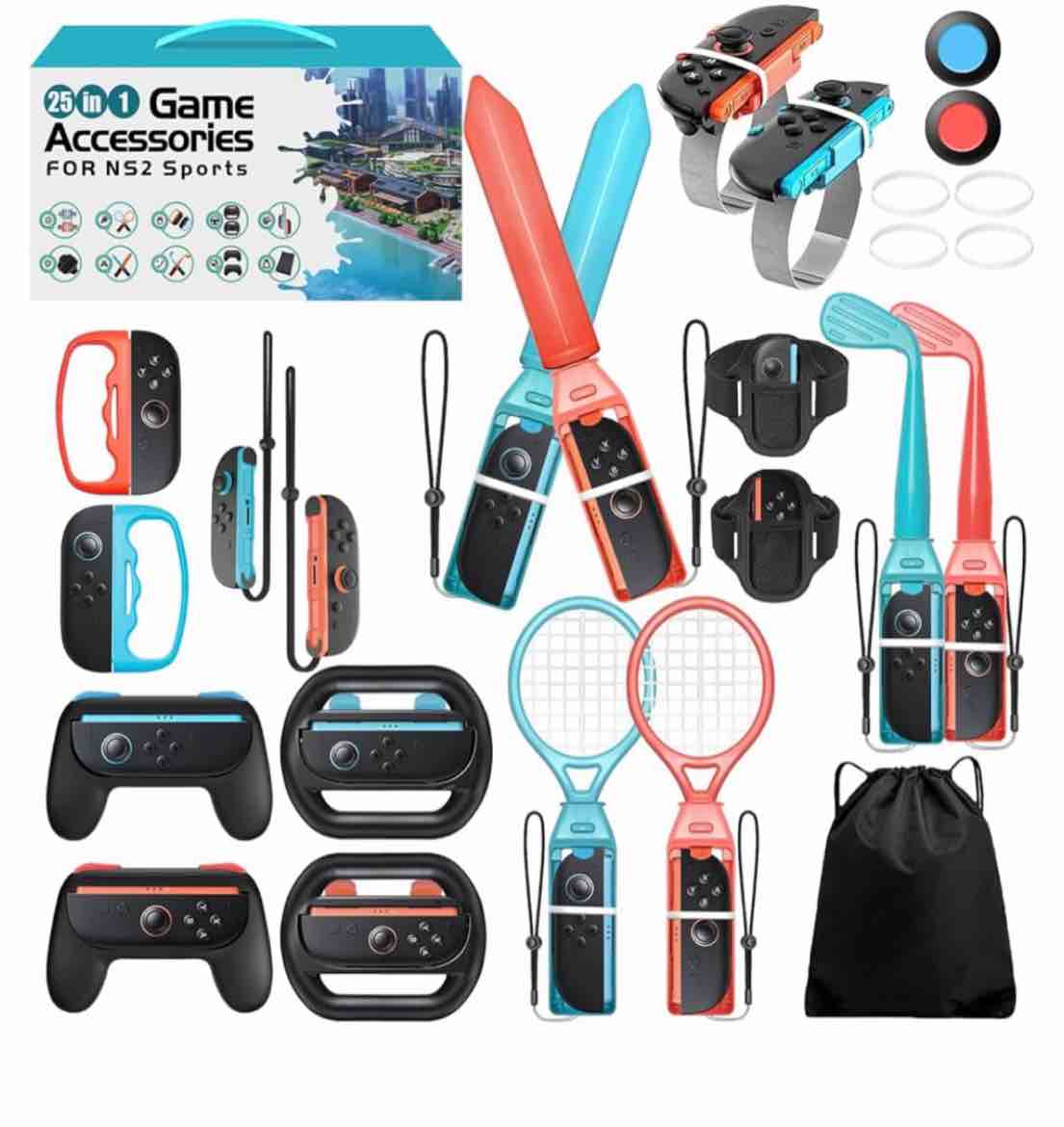 Switch 2 Sports Accessories, Wodbymat 25 in 1 Sports Bundle for Nintendo Switch 2 with 2 Tennis acce