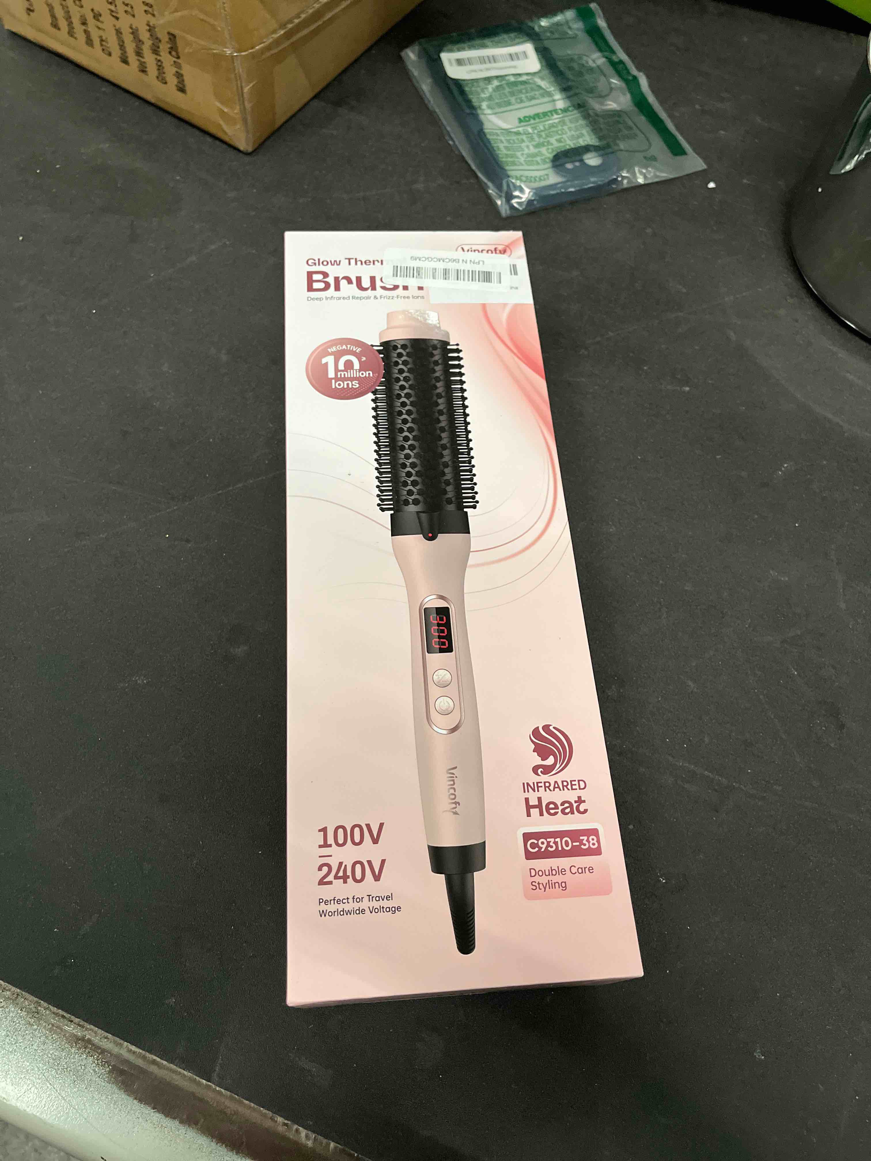 Condition photo showing Good Condition for infrared thermal brush, dual voltage negative ions heated round brush, 1 1/2 inch straightener & curling iron brush 2 in 1, dual ptc non-blowing thermal round for wome, pink