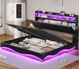 hydraulic lift up storage upholstered platform wingback led bed with 2-tier shelves and charging station